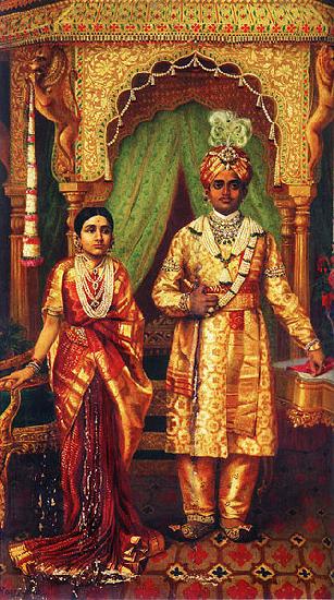 Raja Ravi Varma Krishnaraja Wadiyar IV and Rana Prathap Kumari of Kathiawar Sweden oil painting art